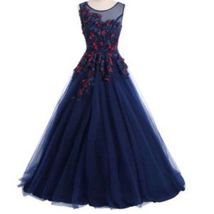 #10 - PURPLISH BLUE Floral Applique Mesh Maxi Prom Evening Dress